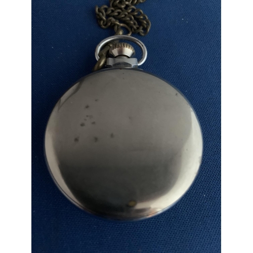 549 - SMITHS EMPIRE CHROME POCKET WATCH WITH BASE METAL CHAIN WITH SILVER ST CHRISTOPHER ATTACHED