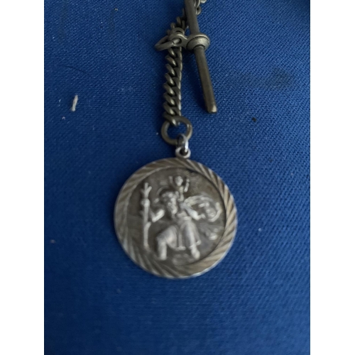 549 - SMITHS EMPIRE CHROME POCKET WATCH WITH BASE METAL CHAIN WITH SILVER ST CHRISTOPHER ATTACHED