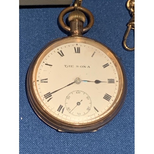 581 - EARLY 20TH CENTURY GOLD PLATED 'THE SONA' OPEN FACED POCKET WATCH, ENAMEL DIAL WITH ROMAN NUMERALS, ... 