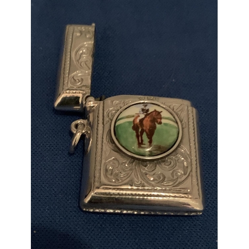 594 - SILVER ENAMELLED VESTA CASE DEPICTING HORSE & JOCKEY SCENE, 925 MARKED. TOTAL GROSS WEIGHT 17.9 GRAM... 