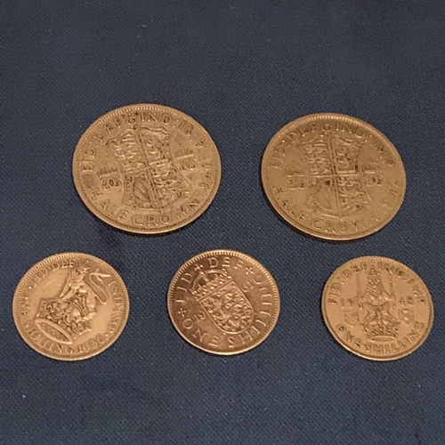 607 - TWO HALF CROWNS & 3 ONE SHILLINGS