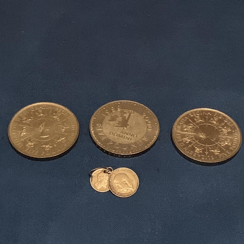 608 - THREE £5 PIECES & TWO SILVER COINS