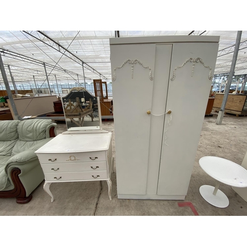 1738 - A FRENCH STYLE CREAM WARDROBE AND DRESSING TABLE WITH THREE DRAWERS AND UNFRAMED MIRROR