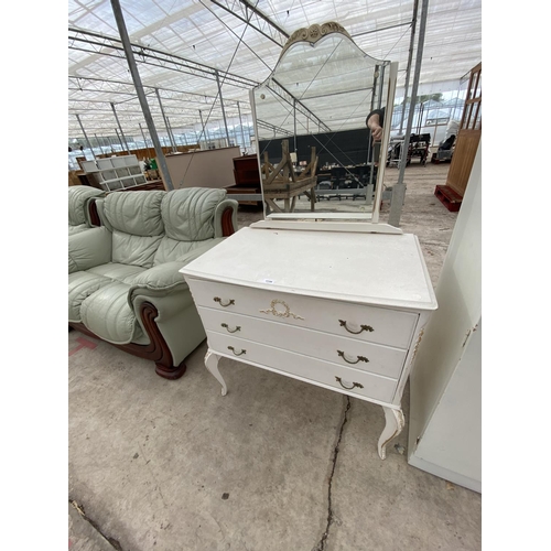 1738 - A FRENCH STYLE CREAM WARDROBE AND DRESSING TABLE WITH THREE DRAWERS AND UNFRAMED MIRROR