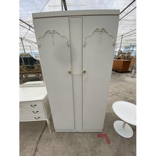 1738 - A FRENCH STYLE CREAM WARDROBE AND DRESSING TABLE WITH THREE DRAWERS AND UNFRAMED MIRROR