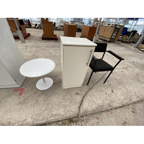 1739 - A SMALL RETRO CIRCULAR TABLE, A WHITE CABINET AND A RETRO ARMCHAIR