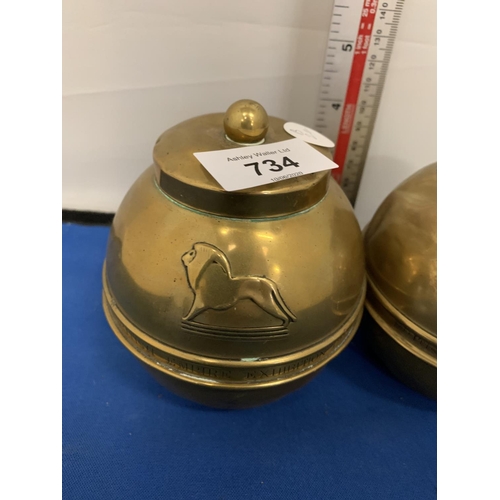 734 - PAIR BRASS LIPTONS BRITISH EMPIRE LIDDED BRASS TEA CADDIES FROM THE EXHIBITION 1924, 12 CM