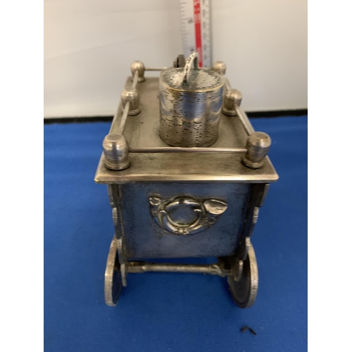 739 - A NOVELTY SILVER PLATED OFFICERS MESS TABLE LIGHTER IN THE FORM OF A CART, WITH THE ROYAL SUSSEX REG... 