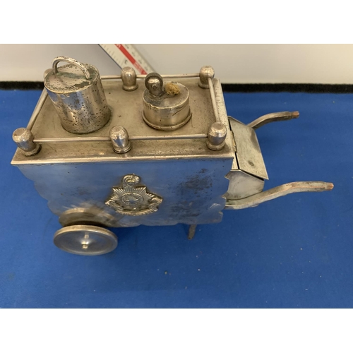 739 - A NOVELTY SILVER PLATED OFFICERS MESS TABLE LIGHTER IN THE FORM OF A CART, WITH THE ROYAL SUSSEX REG... 