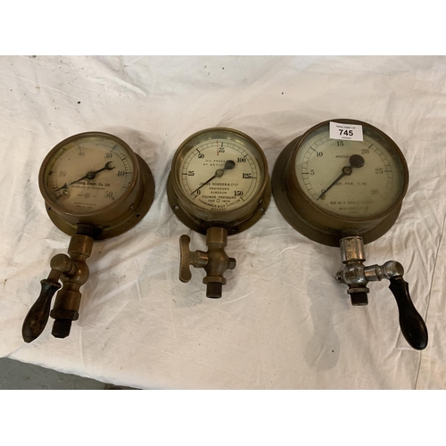 745 - THREE BRASS PRESSURE GAUGES TO INCUDE MAKERS, BUDENBERG GAUGE CO LTD, JAMES HOWDEN & CO LTD GLASGOW ... 