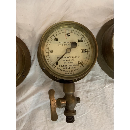 745 - THREE BRASS PRESSURE GAUGES TO INCUDE MAKERS, BUDENBERG GAUGE CO LTD, JAMES HOWDEN & CO LTD GLASGOW ... 