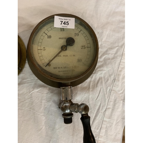 745 - THREE BRASS PRESSURE GAUGES TO INCUDE MAKERS, BUDENBERG GAUGE CO LTD, JAMES HOWDEN & CO LTD GLASGOW ... 