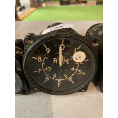 753 - THREE AERONAUTICAL GAUGES - A VINTAGE REV COUNTER GAUGE, SMITHS OIL PSI GAUGE AND A CABIN AIR GAUGE