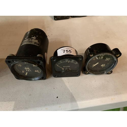 755 - THREE AERONAUTICAL GAUGES - A SMITHS OIL PSI GAUGE, VOLT GAUGE AND A SIMILAR MARKED WITH CROW FOOT T... 