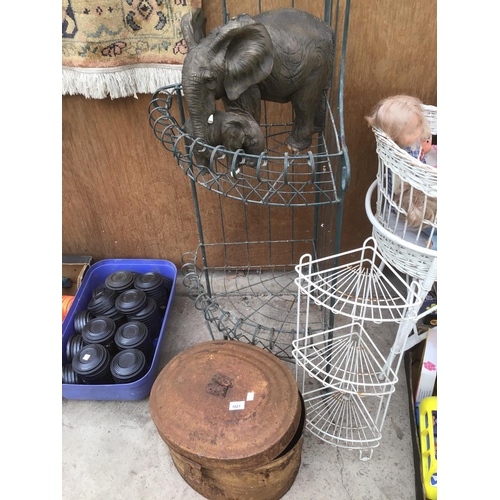 1021 - A VINTAGE METAL HAT BOX, TWO CORNER METAL STANDS, A METAL PAINTED JUG AND AN ELEPHANT GARDEN ORNAMEN... 