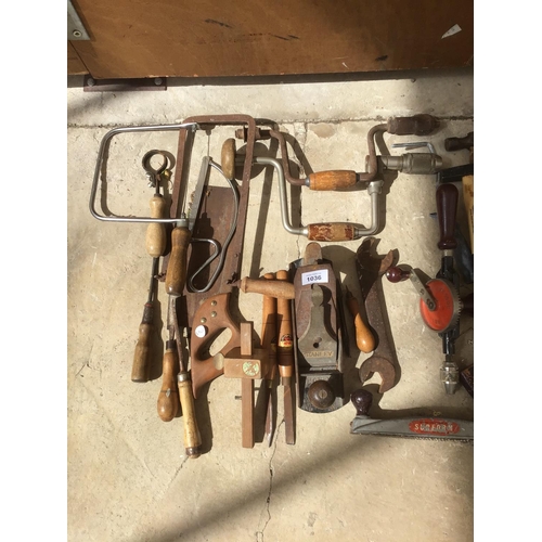 1036 - A LARGE QUANTITY OF TOOLS TO INCLUDE SAWS, RASPS, STANLEY PLANE, LATHE TOOLS ETC