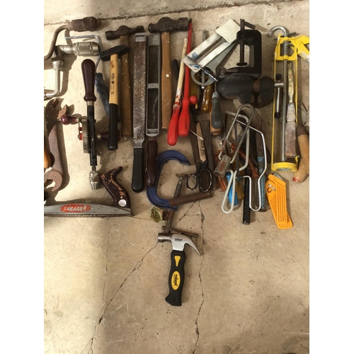 1036 - A LARGE QUANTITY OF TOOLS TO INCLUDE SAWS, RASPS, STANLEY PLANE, LATHE TOOLS ETC