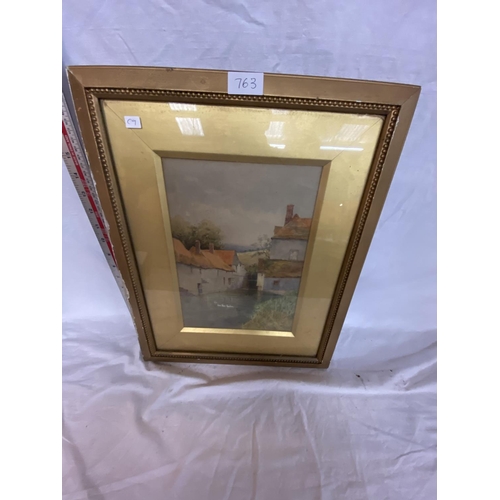 763 - A GILT FRAMED WATERCOLOUR OF HOUSES, SIGNED LOWER RIGHT CORNER GEOFF HUGHES