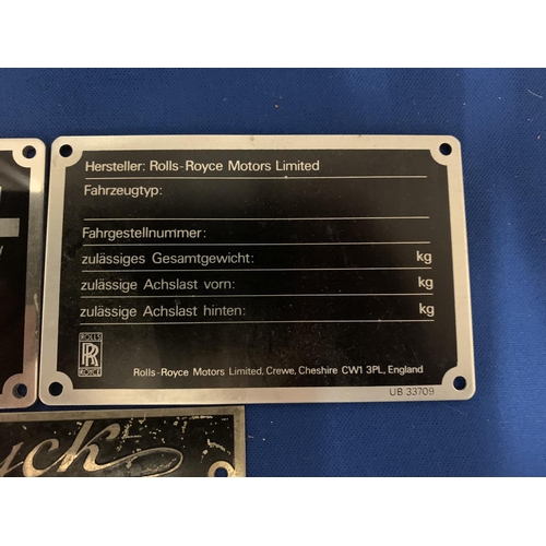 11 - THREE CAR MANUFACTURING PLATES TO INCLUDE ROLLS ROYCE AND MAX BUYCK