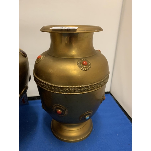 210 - TWO LARGE BRASS POTS WITH ASSORTED STONES ONE WITH ORNATE DETAILING