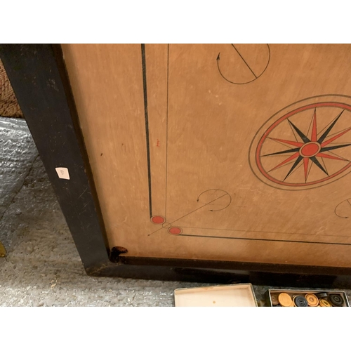 239 - A LARGE VINTAGE WOODEN FRAMED CARROM BOARD WITH A BOX OF COUNTERS