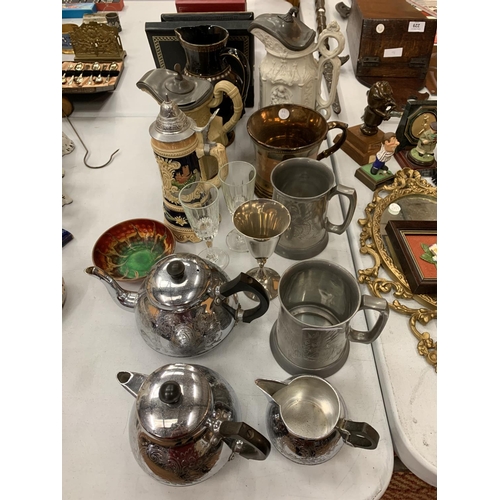 244 - VARIOUS PEWTER, EPNS AND LIDDED JUGS ETC