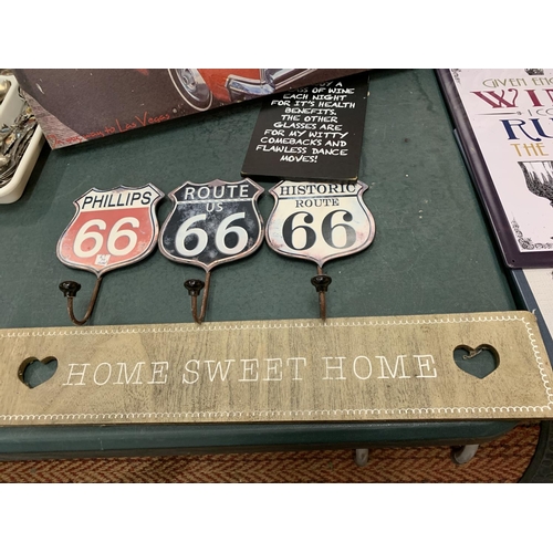 265 - A COLLECTION OF SIGNS TO AND CANVASES TO INCLUDE ROUTE 66, HOME SWEET HOME AND WINE RELATED ITEMS