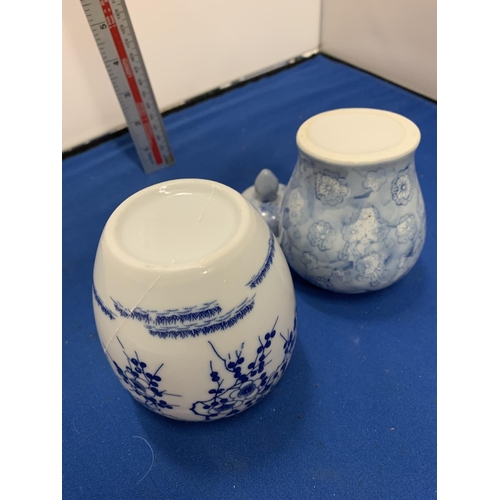 170 - TWO BLUE AND WHITE PAINTED LIDDED JARS ONE A/F (CRACK)