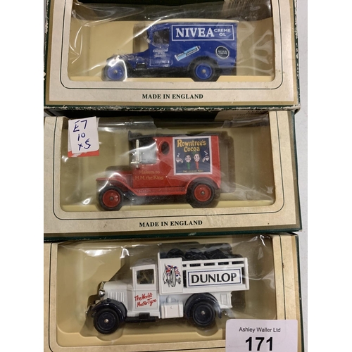 171 - FIVE LLEDO BOXED VINTAGE VEHICLE MODELS TO INCLUDE A FIRE ENGINE, NIVEA CREME VAN, DUNLOP ETC