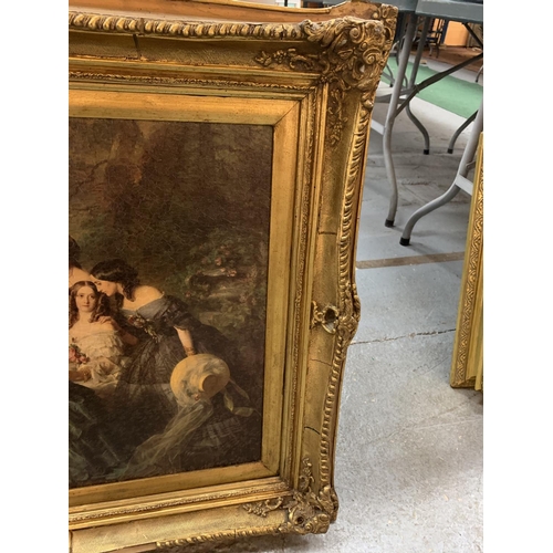 183 - A LARGE HEAVY GILT FRAMED PRINT OF LADIES IN A FOREST