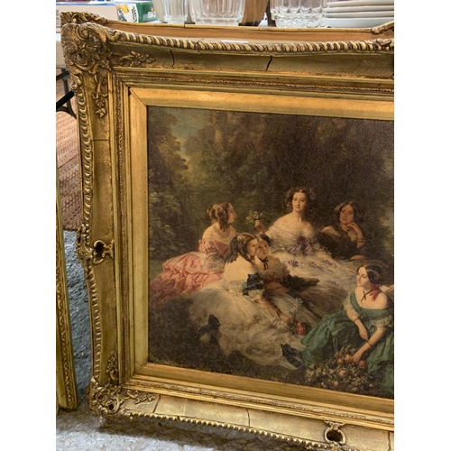 183 - A LARGE HEAVY GILT FRAMED PRINT OF LADIES IN A FOREST