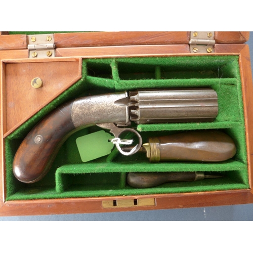 311 - A J R COOPER SIX SHOT 36 CALIBRE PERCUSSION CAP PEPPER BOX PISTOL, 8 CM BARREL (LACKING HAMMER) IN A... 