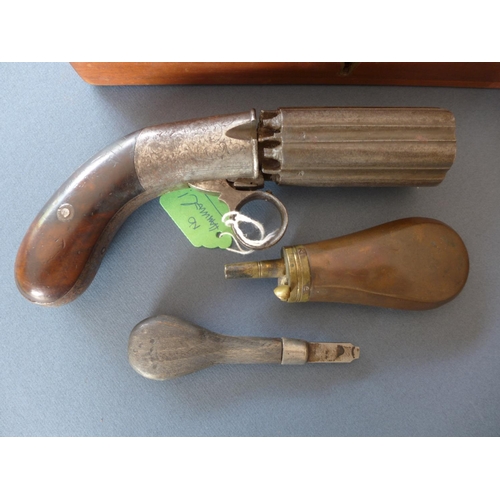 311 - A J R COOPER SIX SHOT 36 CALIBRE PERCUSSION CAP PEPPER BOX PISTOL, 8 CM BARREL (LACKING HAMMER) IN A... 