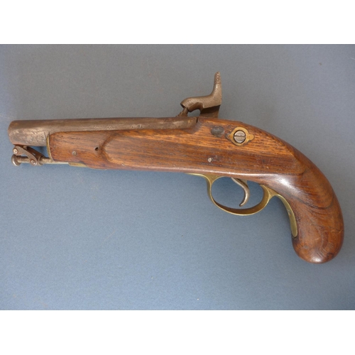 318 - A PERCUSSION CAP PISTOL - 15 CM BARREL, THE LOCK MARKED ENFIELD, WITH STIRRUP RAMROD