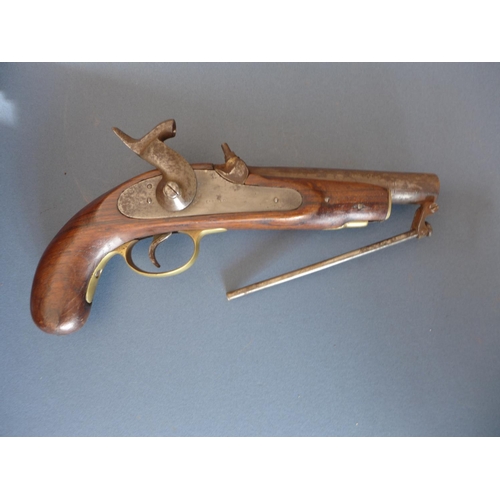 318 - A PERCUSSION CAP PISTOL - 15 CM BARREL, THE LOCK MARKED ENFIELD, WITH STIRRUP RAMROD