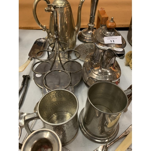 11 - A LARGE COLLECTION OF EPNS, PLATE AND PEWTER TO INCLUDE TANKARDS, FLATWARE, CANDLE STICKS, COFFEE PO... 