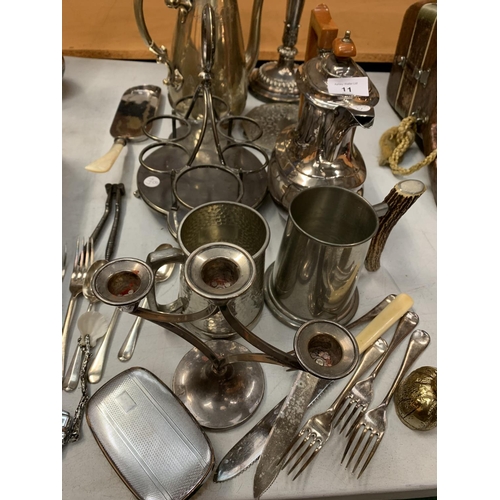 11 - A LARGE COLLECTION OF EPNS, PLATE AND PEWTER TO INCLUDE TANKARDS, FLATWARE, CANDLE STICKS, COFFEE PO... 