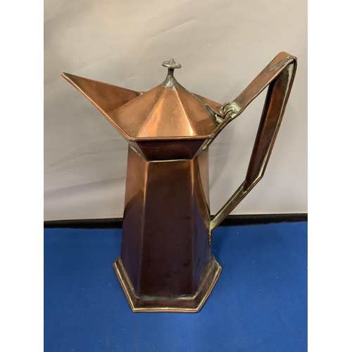 145 - AN ARTS AND CRAFTS STYLE COPPER JUG MARKED TO BASE WITH COPPER CHARGER