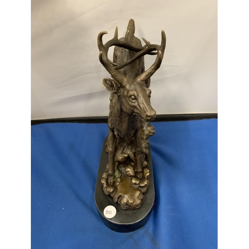 187 - A BRONZE STAG ON MARBLE BASE, SIGNED