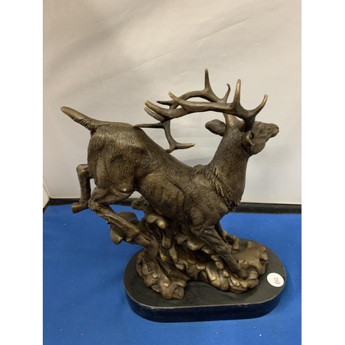 187 - A BRONZE STAG ON MARBLE BASE, SIGNED