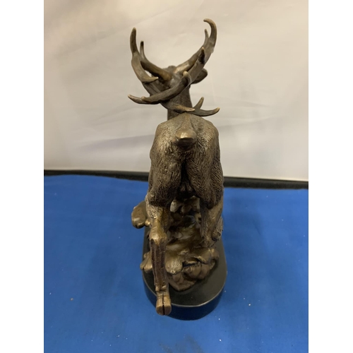 187 - A BRONZE STAG ON MARBLE BASE, SIGNED