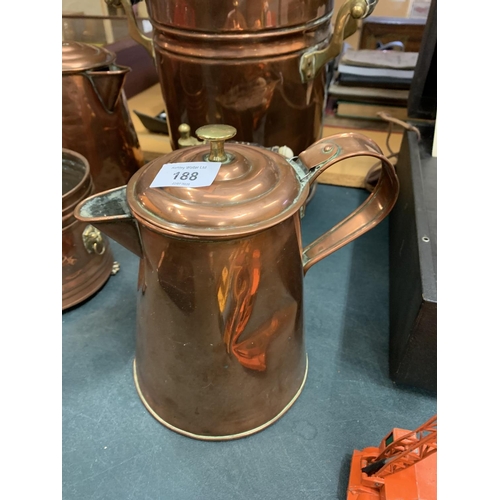 188 - FOUR COPPER AND BRASS ITEMS TO INCLUDE A TEA URN, JUGS AND PLANTER