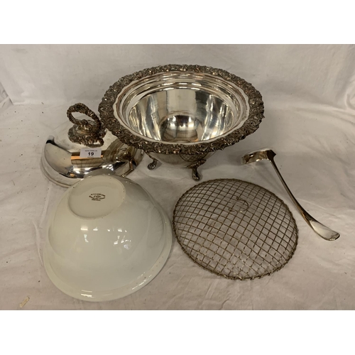 19 - AN ORNATE SILVER PLATED TUREEN WITH A LADEL AND A W T COPELAND& SONS DISH