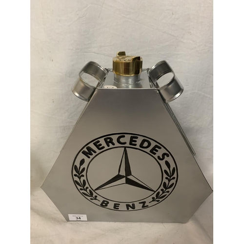 34 - A METAL REPRODUCTION SILVER MERCEDES BENZ GARAGE MOTOR CAR PETROL CAN WITH BRASS TOP