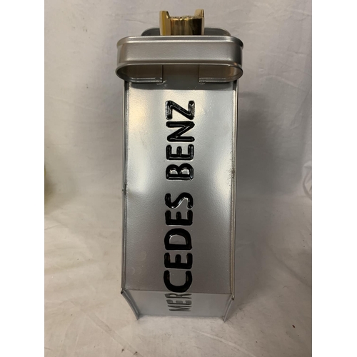 34 - A METAL REPRODUCTION SILVER MERCEDES BENZ GARAGE MOTOR CAR PETROL CAN WITH BRASS TOP