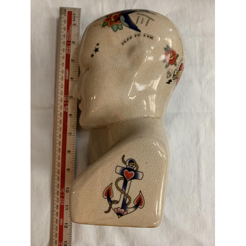 65 - AN L N FOWLER CERAMIC TATTOO PHRENOLOGY HEAD DESK MODEL 23CM