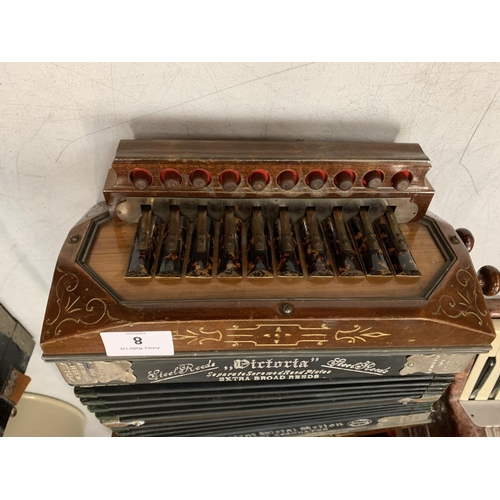 8 - A GERMAN 'KAY AND COMPY' VICTORIA ACCORDIAN WITH WITH EXTRA BROAD REEDS WITH SEPERATE STEEL REEDS AN... 