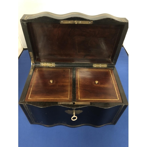 11A - A 19TH CENTURY EBONY TEA CADDY WITH BRASS BOULE WORK INLAY AND CARTOUCHE. WITH MAHOGANY INTERIOR WIT... 