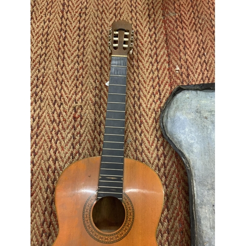 209 - A SUNRAY BANJO IN A CASE AND AN ACCOUSTIC GUITAR BOTH IN NEED OF REPAIR