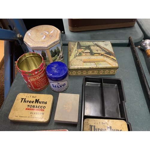 225 - A COLLECTION OF VINTAGE TINS TO INCLUDE THREE NUNS TOBACCO, JACOBS BISCUITS ETC